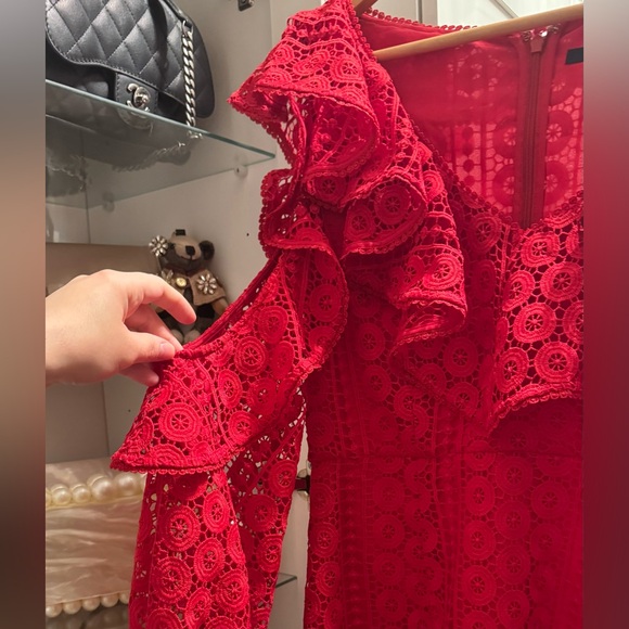 French Connection Lace Red Balloon Sleeve V-Neck Dress - Picture 5 of 13